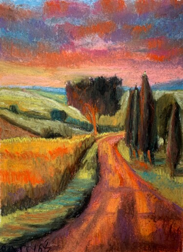Painting titled "Tramonto toscano" by Patrizia Salcini, Original Artwork, Pastel