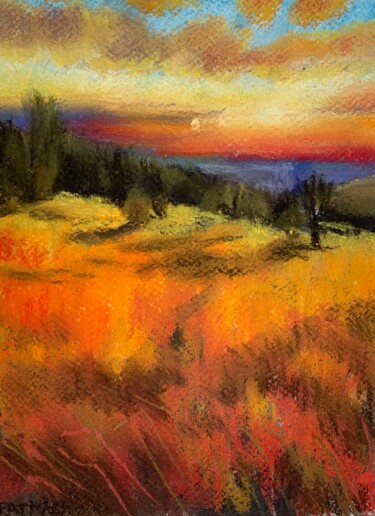 Pittura intitolato "Campagna al tramonto" da Patrizia Salcini, Opera d'arte originale, Pastello