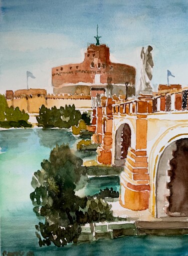 Painting titled "Castel Sant’Angelo…" by Patrizia Salcini, Original Artwork, Watercolor