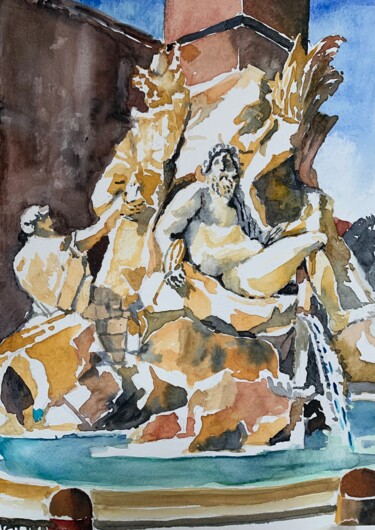 Картина под названием "Fontana dei 4 Fiumi…" - Patrizia Salcini, Подлинное произведение искусства, Акварель