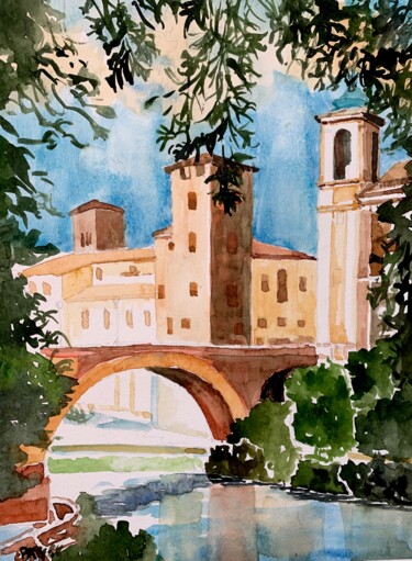 Pittura intitolato "Ponte Fabricio, Roma" da Patrizia Salcini, Opera d'arte originale, Acquarello