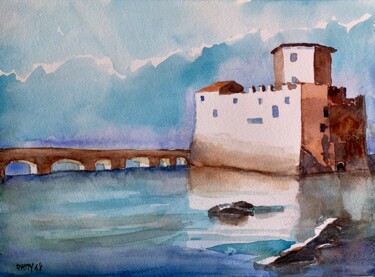 Pintura intitulada "Torre Astura, Nettu…" por Patrizia Salcini, Obras de arte originais, Aquarela