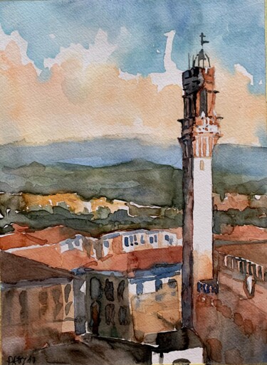Pintura intitulada "Torre del Mangia, S…" por Patrizia Salcini, Obras de arte originais, Aquarela