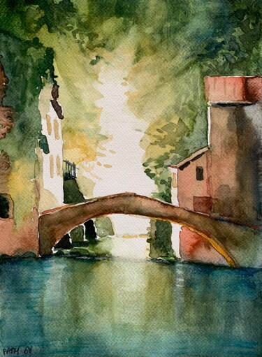 Картина под названием "Il ponte sul verde" - Patrizia Salcini, Подлинное произведение искусства, Акварель