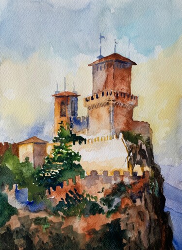 Malerei mit dem Titel "San Marino, La Rocca" von Patrizia Salcini, Original-Kunstwerk, Aquarell