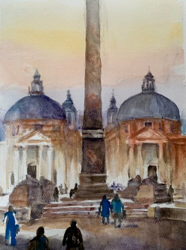 Pintura titulada "Piazza del Popolo,…" por Patrizia Salcini, Obra de arte original, Acuarela