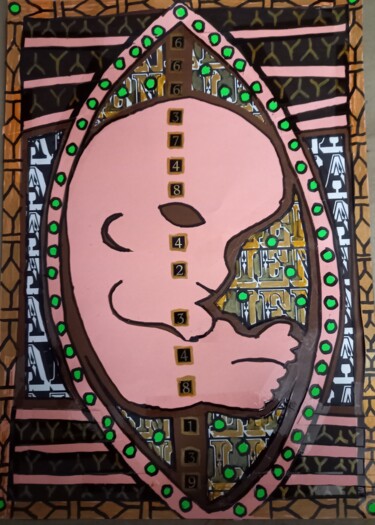 Collagen mit dem Titel "Tiki Baby" von Patrizia Vanazzi, Original-Kunstwerk, Klebeband