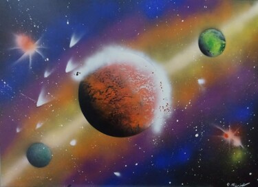 Painting titled "Misty planet" by Patryk Siwiak, Original Artwork, Spray paint Mounted on Wood Stretcher frame