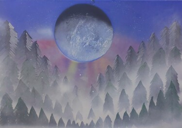 Malarstwo zatytułowany „Foggy Forest” autorstwa Patryk Siwiak, Oryginalna praca, Farba w spray'u Zamontowany na Drewniana ra…