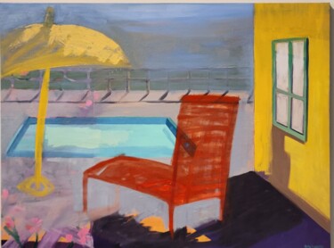 Painting titled "Backyard with Red L…" by Patty Rodgers, Original Artwork, Oil Mounted on Wood Stretcher frame