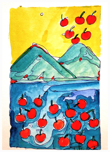 Peinture intitulée "Vesuvio e ciliegie" par Patrizia Gargiulo (PattyGi), Œuvre d'art originale, Aquarelle