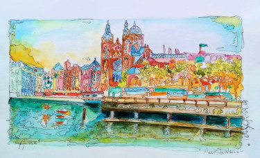 Pintura intitulada "Amsterdam Central" por Patrizia Gargiulo (PattyGi), Obras de arte originais, Aquarela