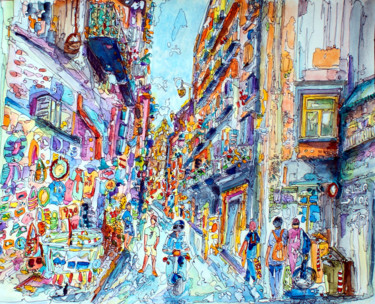 Via Tribunali Napoli Peinture intitulée "Via Tribunali Napoli" par Pattygi, Œuvre d'art originale, Aquarelle