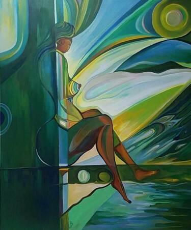 Malerei mit dem Titel "By The Poolside" von Paul Akiiki, Original-Kunstwerk, Acryl