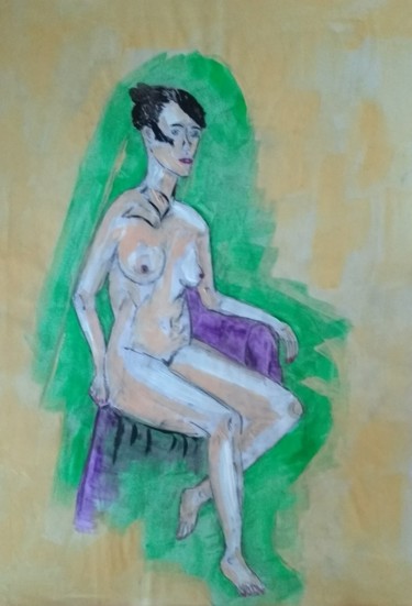 Painting titled "Nude seated" by Paul Antwis, Original Artwork, Watercolor