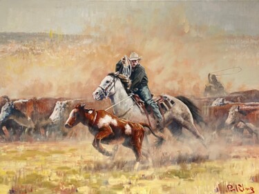 Painting titled "On the Chase" by Paul Cheng, Original Artwork, Oil Mounted on Wood Stretcher frame