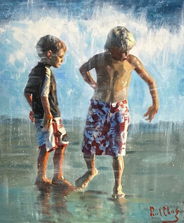 "Sunset Beach Boys N…" başlıklı Tablo Paul Cheng tarafından, Orijinal sanat, Petrol Ahşap Sedye çerçevesi üzerine monte edil…