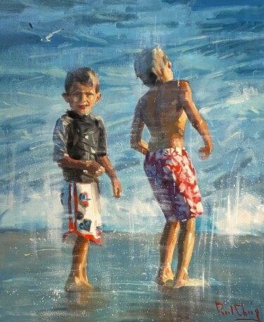 Ζωγραφική με τίτλο "Sunset Beach Boys N…" από Paul Cheng, Αυθεντικά έργα τέχνης, Λάδι Τοποθετήθηκε στο Ξύλινο φορείο σκελετό
