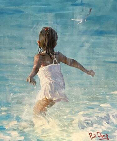 Картина под названием "Happy Beach Girl" - Paul Cheng, Подлинное произведение искусства, Масло Установлен на Деревянная рама…