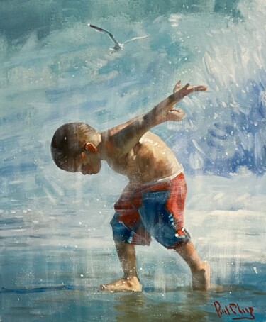 Ζωγραφική με τίτλο "Beach Boy Wants to…" από Paul Cheng, Αυθεντικά έργα τέχνης, Λάδι Τοποθετήθηκε στο Ξύλινο φορείο σκελετό