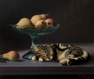 Painting titled "Sleeping Cat and Pe…" by Paul Cheng, Original Artwork, Oil Mounted on Wood Stretcher frame