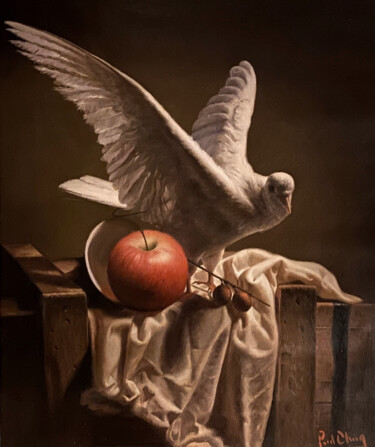 Schilderij getiteld "Pigeon and Apple" door Paul Cheng, Origineel Kunstwerk, Olie Gemonteerd op Frame voor houten brancard