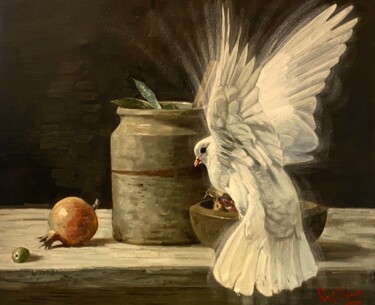 Ζωγραφική με τίτλο "Pigeon and Still Li…" από Paul Cheng, Αυθεντικά έργα τέχνης, Λάδι Τοποθετήθηκε στο Ξύλινο φορείο σκελετό