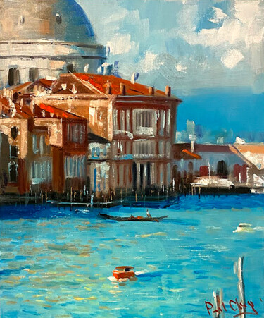 Painting titled "Venice Blue and Red" by Paul Cheng, Original Artwork, Oil Mounted on Wood Stretcher frame