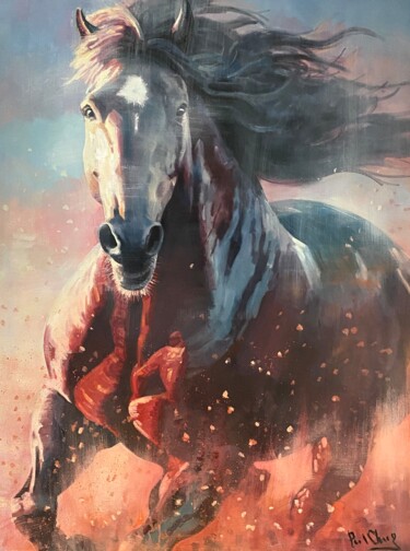 Painting titled "Warhorse" by Paul Cheng, Original Artwork, Oil Mounted on Wood Stretcher frame