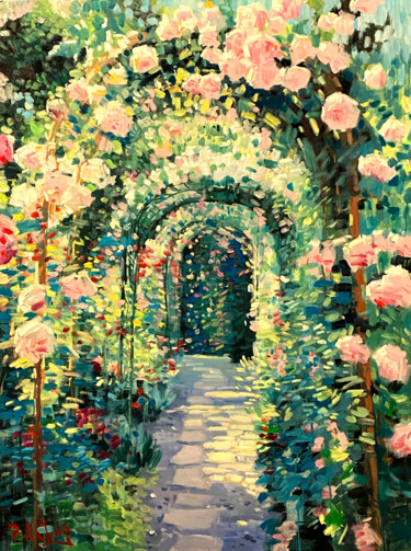Painting titled "Morning Rose Garden" by Paul Cheng, Original Artwork, Oil Mounted on Wood Stretcher frame