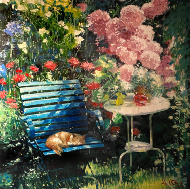 Pintura titulada "Cat in the Garden" por Paul Cheng, Obra de arte original, Oleo
