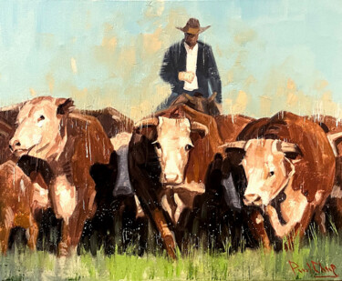 Ζωγραφική με τίτλο "Cowboy Herding Catt…" από Paul Cheng, Αυθεντικά έργα τέχνης, Λάδι Τοποθετήθηκε στο Ξύλινο φορείο σκελετό