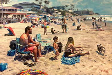 Painting titled "Beach Day" by Paul Cheng, Original Artwork, Oil Mounted on Wood Stretcher frame