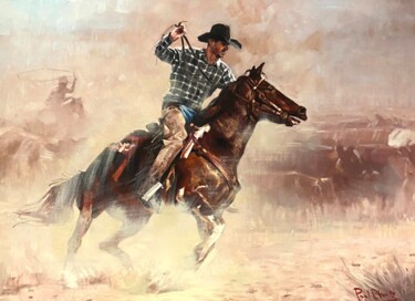 Ζωγραφική με τίτλο "Cattle Drive" από Paul Cheng, Αυθεντικά έργα τέχνης, Λάδι Τοποθετήθηκε στο Ξύλινο φορείο σκελετό
