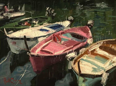 Pintura titulada "Small Boats in Cinq…" por Paul Cheng, Obra de arte original, Oleo Montado en Cartulina