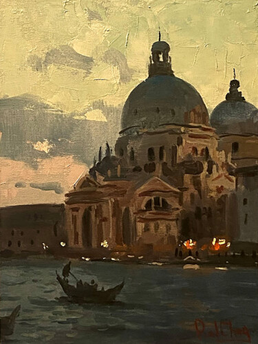 Painting titled "Venice Sunset #11" by Paul Cheng, Original Artwork, Oil Mounted on Cardboard