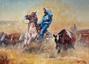 Schilderij getiteld "Roping A Steer" door Paul Cheng, Origineel Kunstwerk, Olie Gemonteerd op Frame voor houten brancard