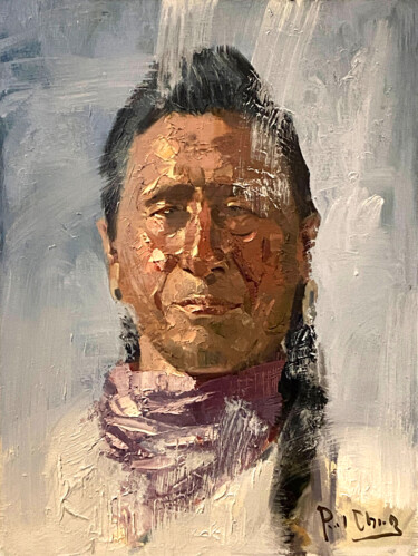 Pintura intitulada "Native American Ind…" por Paul Cheng, Obras de arte originais, Óleo Montado em Cartão