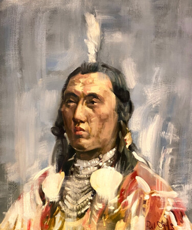 Painting titled "Young Crow Chief" by Paul Cheng, Original Artwork, Oil Mounted on Wood Stretcher frame