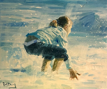 Painting titled "Hug the Ocean" by Paul Cheng, Original Artwork, Oil Mounted on Wood Stretcher frame