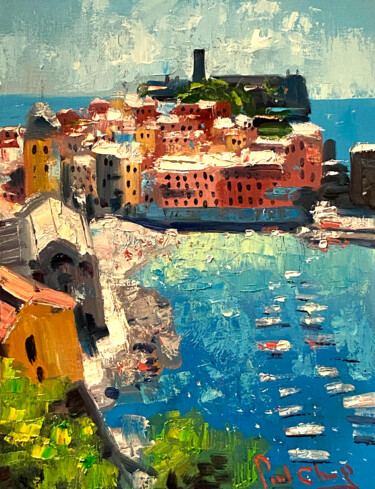 Painting titled "Vernazza Cinque Ter…" by Paul Cheng, Original Artwork, Oil Mounted on Cardboard