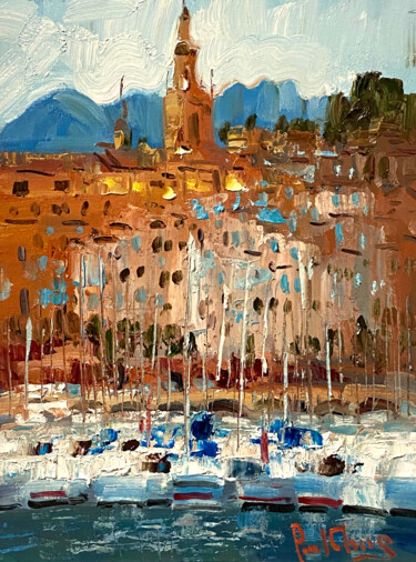 Painting titled "Port de Menton, Fra…" by Paul Cheng, Original Artwork, Oil Mounted on Cardboard