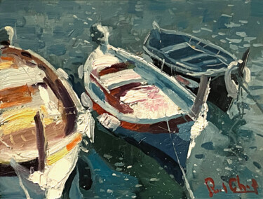 Pintura intitulada "Small Boats in Cinq…" por Paul Cheng, Obras de arte originais, Óleo Montado em Cartão