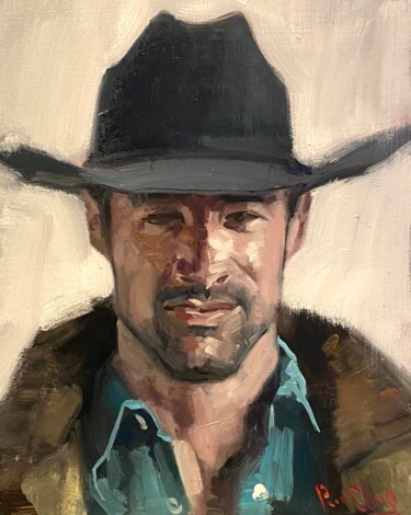 Painting titled "Cowboy No.53" by Paul Cheng, Original Artwork, Oil Mounted on Cardboard