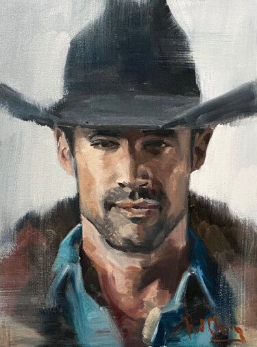 Schilderij getiteld "Cowboy No.55" door Paul Cheng, Origineel Kunstwerk, Olie Gemonteerd op Karton