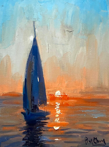 Картина под названием "Laguna Beach Sunset…" - Paul Cheng, Подлинное произведение искусства, Масло Установлен на картон