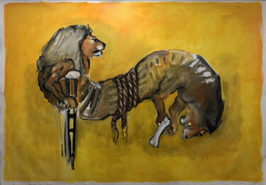 Painting titled "Lions attachés" by Paul Grégoire, Original Artwork, Oil