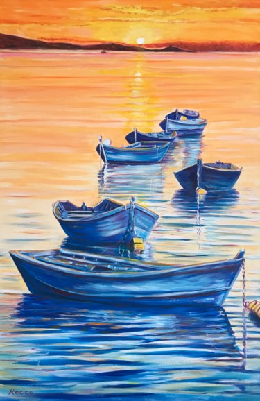 Painting titled "Barques bleues dans…" by Paul-Louis Recco, Original Artwork, Acrylic