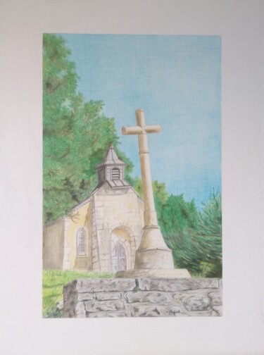 Desenho intitulada "Chapelle de Lompnes" por Paul Mallet, Obras de arte originais, Lápis Montado em Vidro