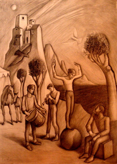 Disegno intitolato "Musiciens et acroba…" da Paul Rossi, Opera d'arte originale, Matita